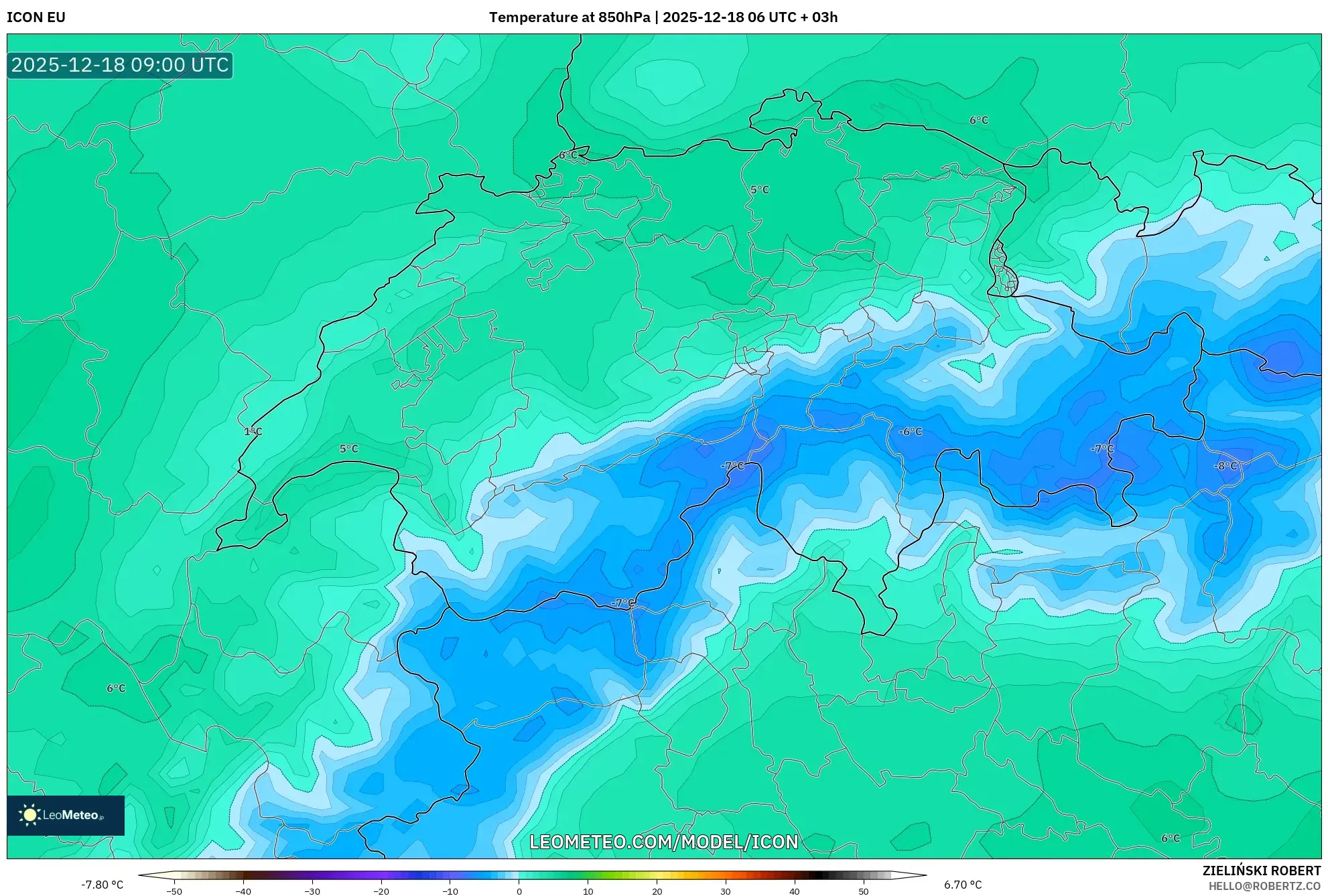 ICON model - Switzerland, Temperature at 850hPa