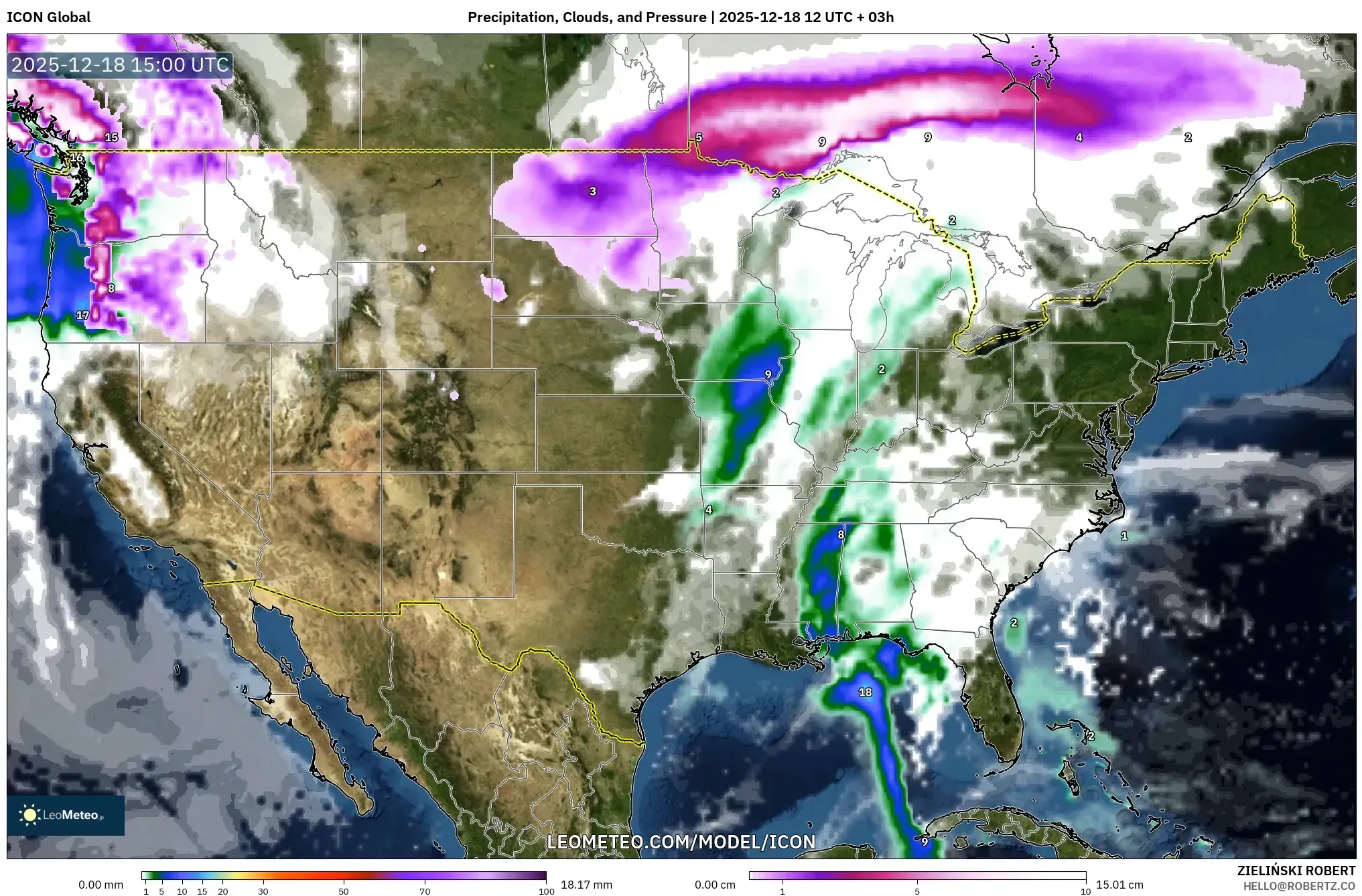 ICON model - United States, Precipitation, Clouds, and Pressure