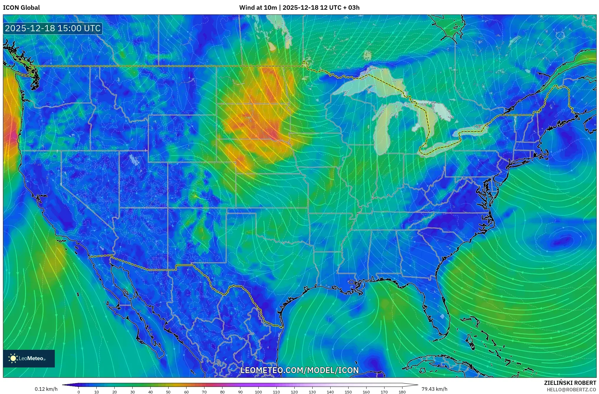 ICON model - United States, Wind at 10m