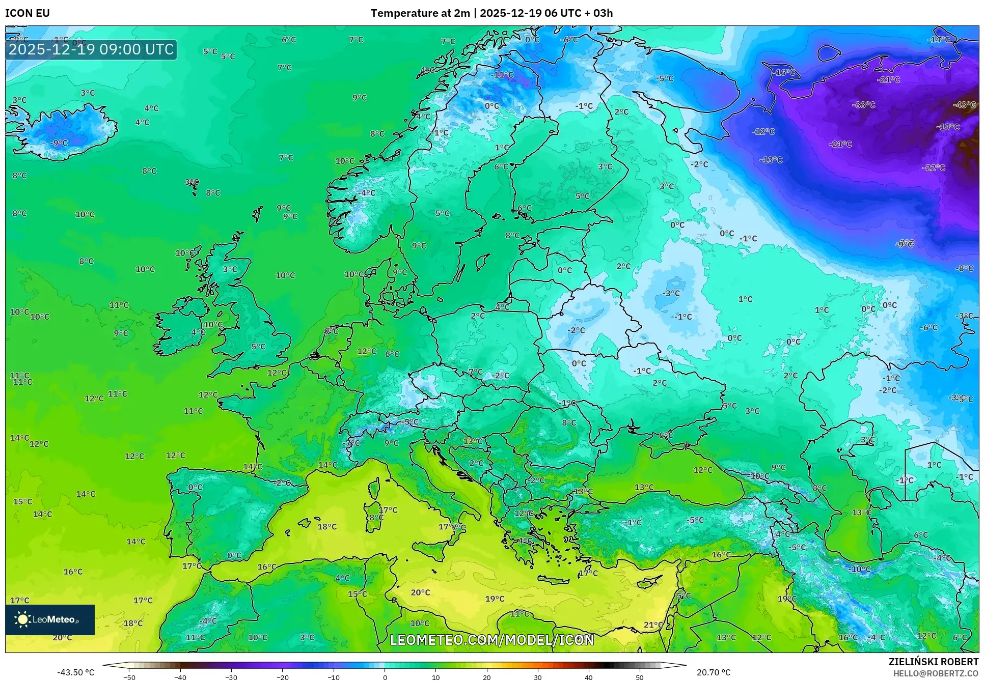 ICON model - Europe, Temperature at 2m