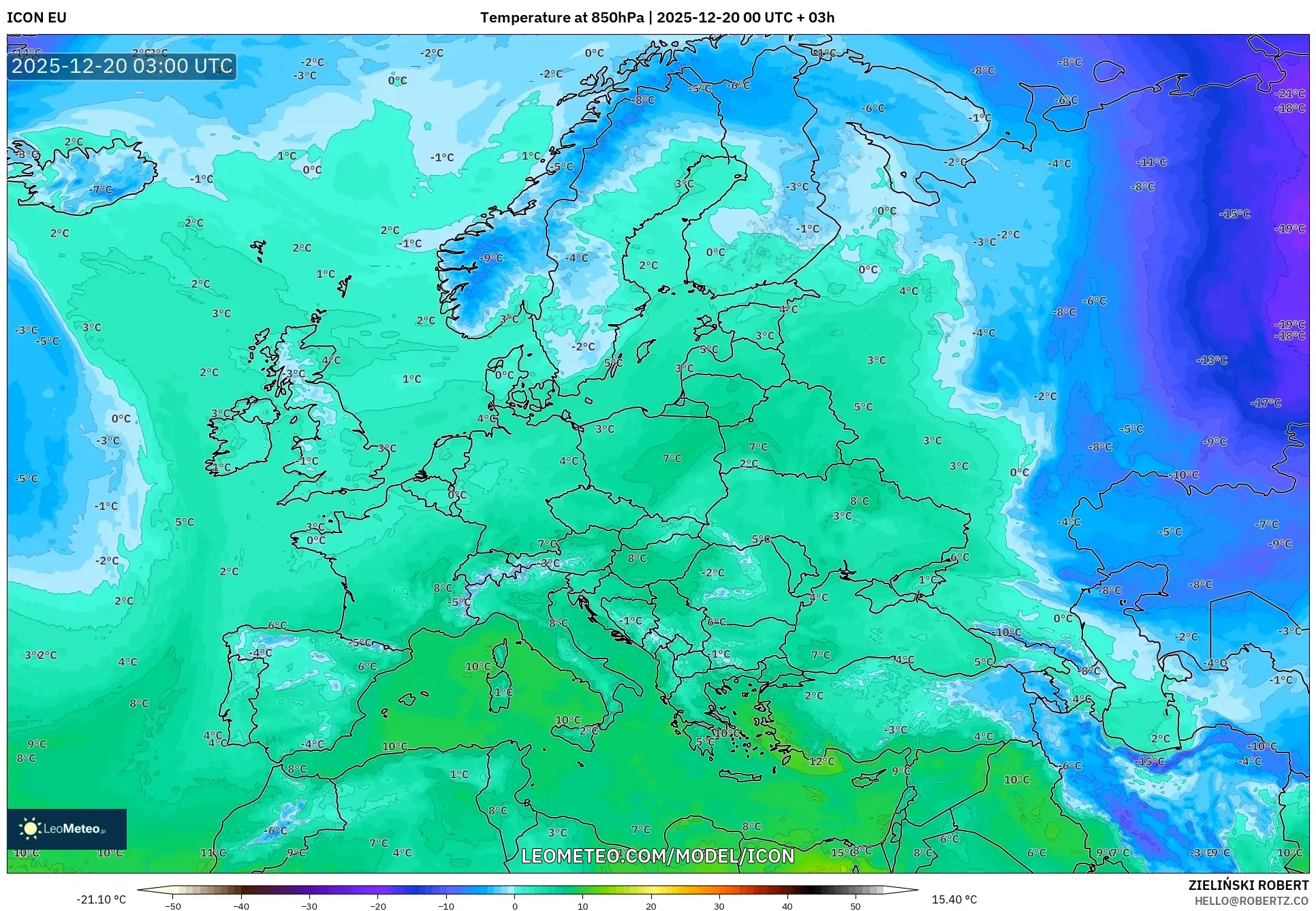 ICON model - Europe, Temperature at 850hPa