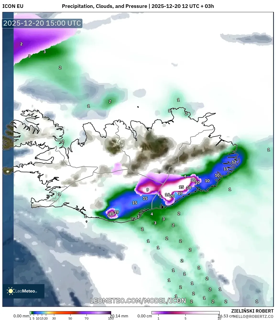 ICON model - Iceland, Precipitation, Clouds, and Pressure
