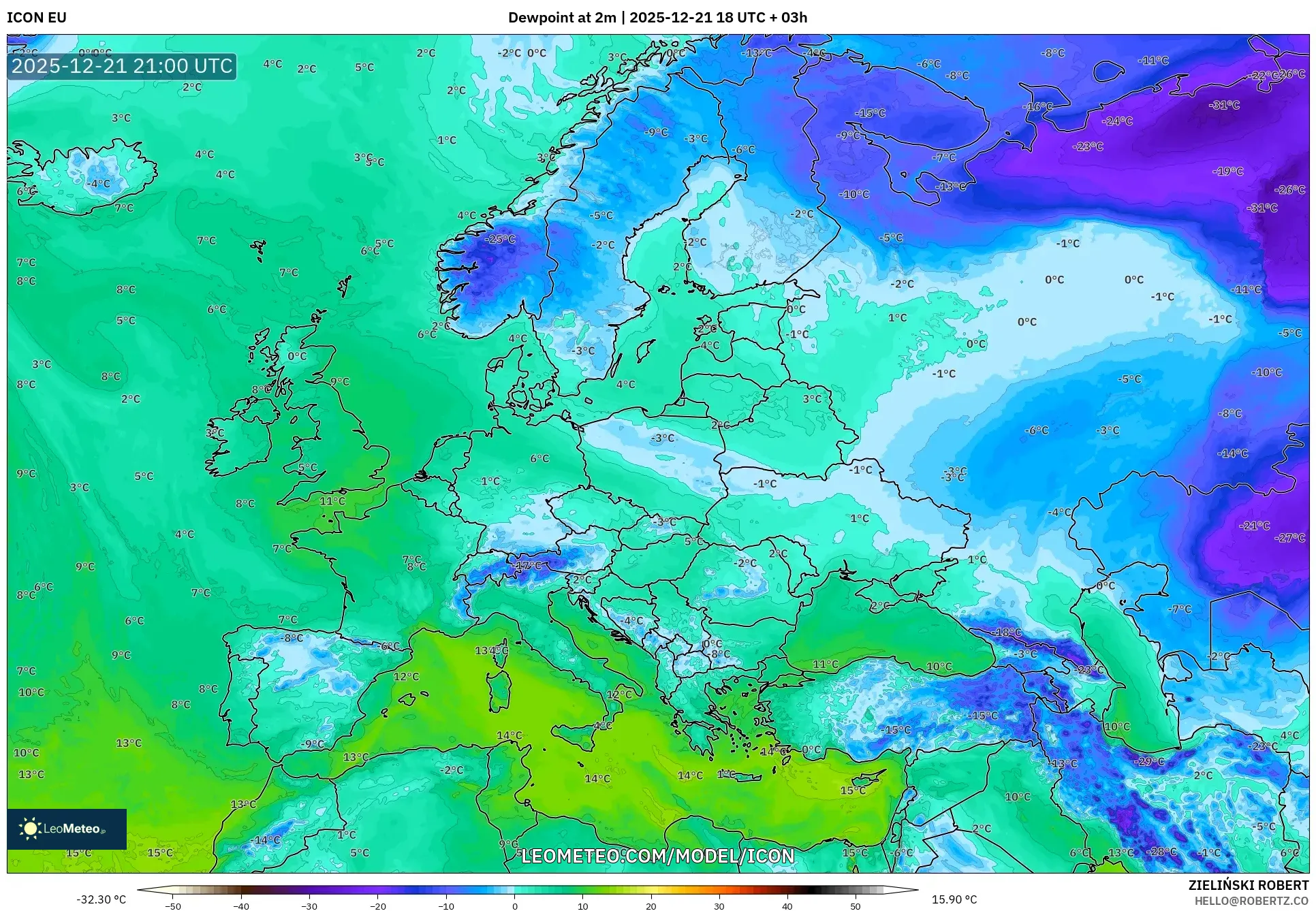 ICON model - Europe, Dewpoint at 2m