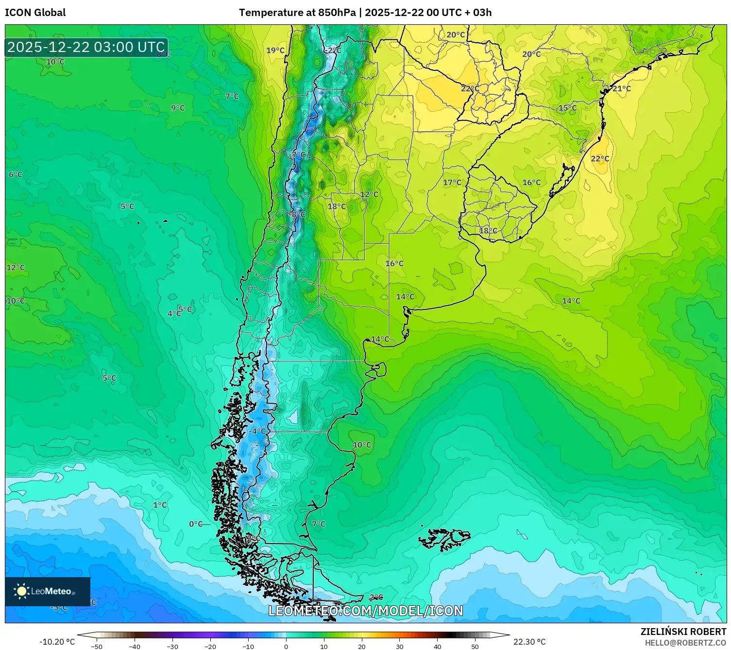 ICON model - Argentina, Temperature at 850hPa