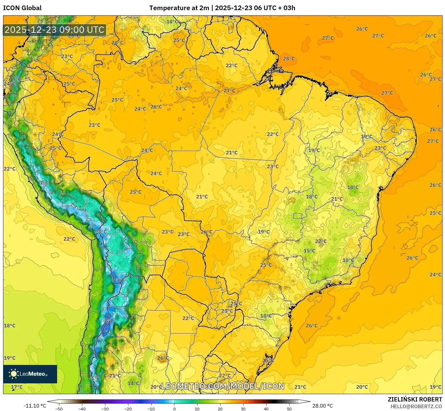 ICON model - Brazil, Temperature at 2m