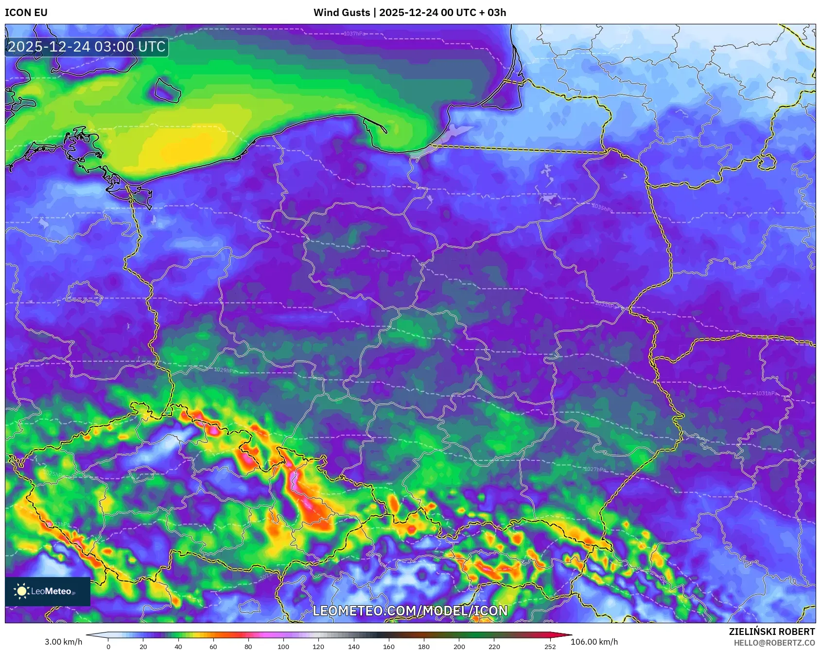 ICON model - Poland, Wind Gusts