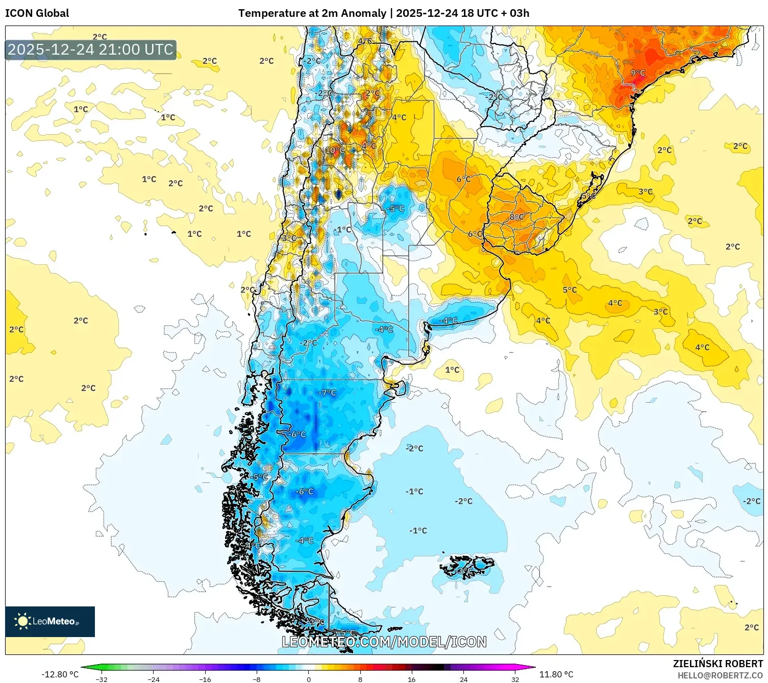 ICON model - Argentina, Temperature at 2m Anomaly