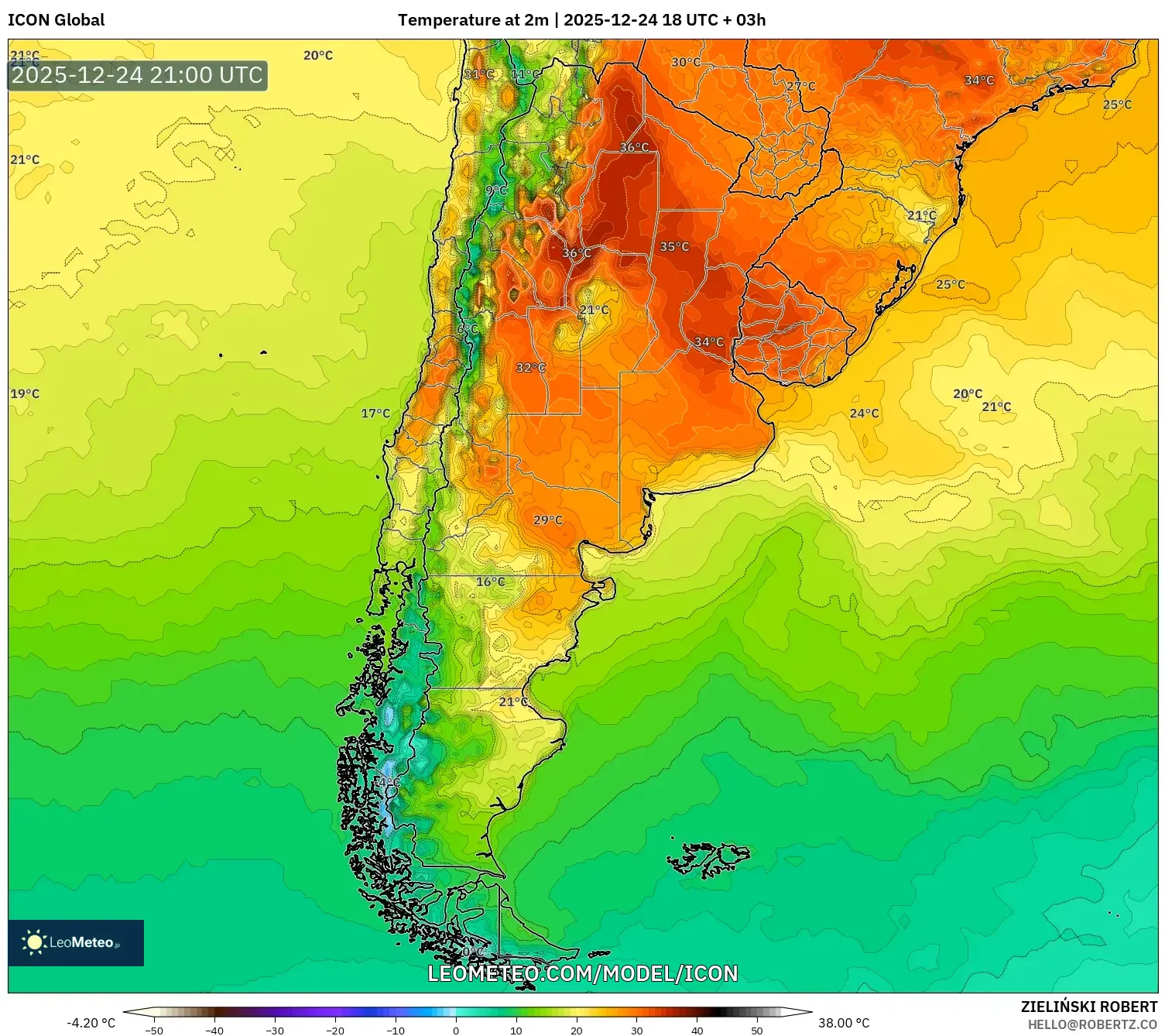 ICON model - Argentina, Temperature at 2m