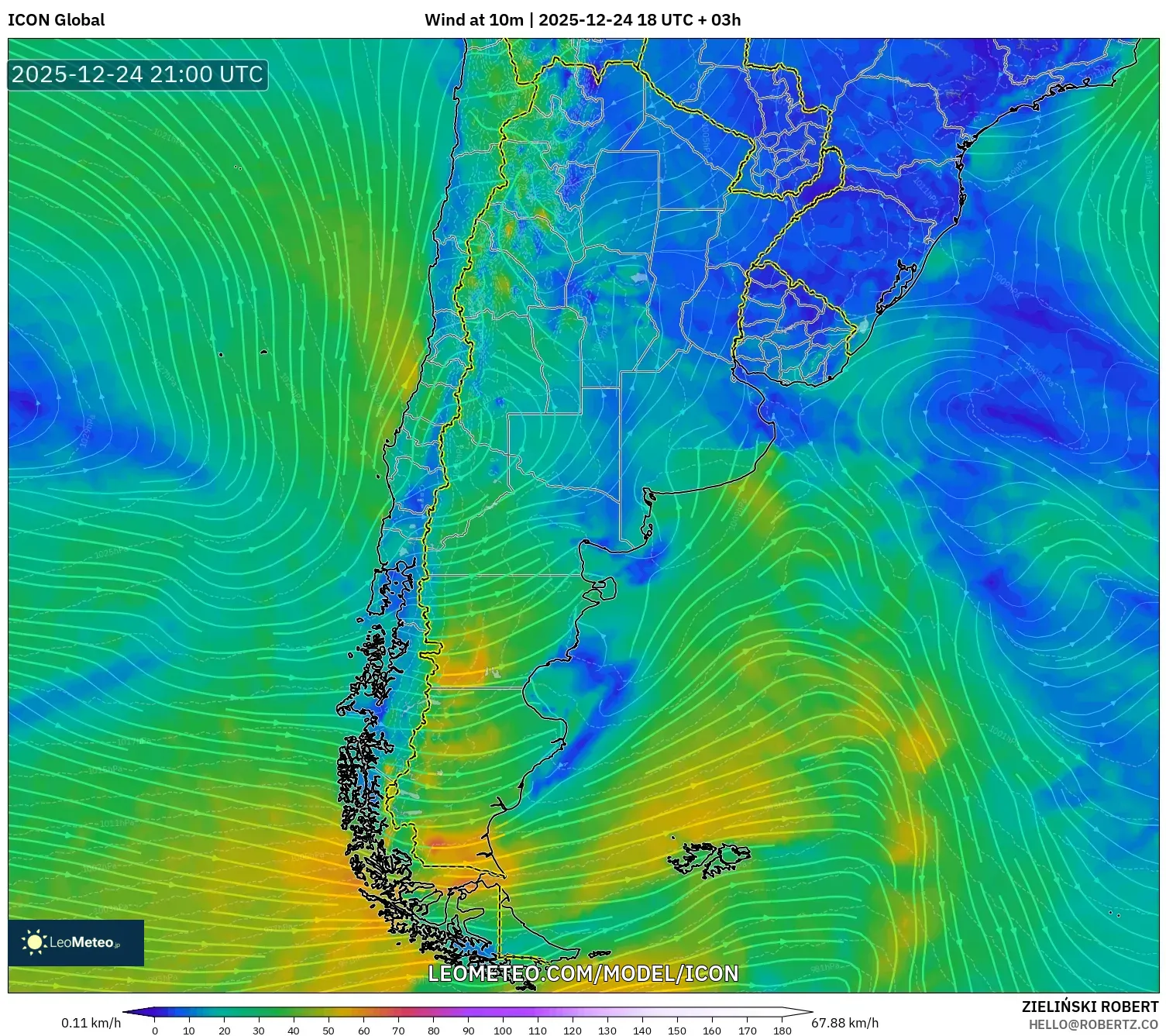 ICON model - Argentina, Wind at 10m