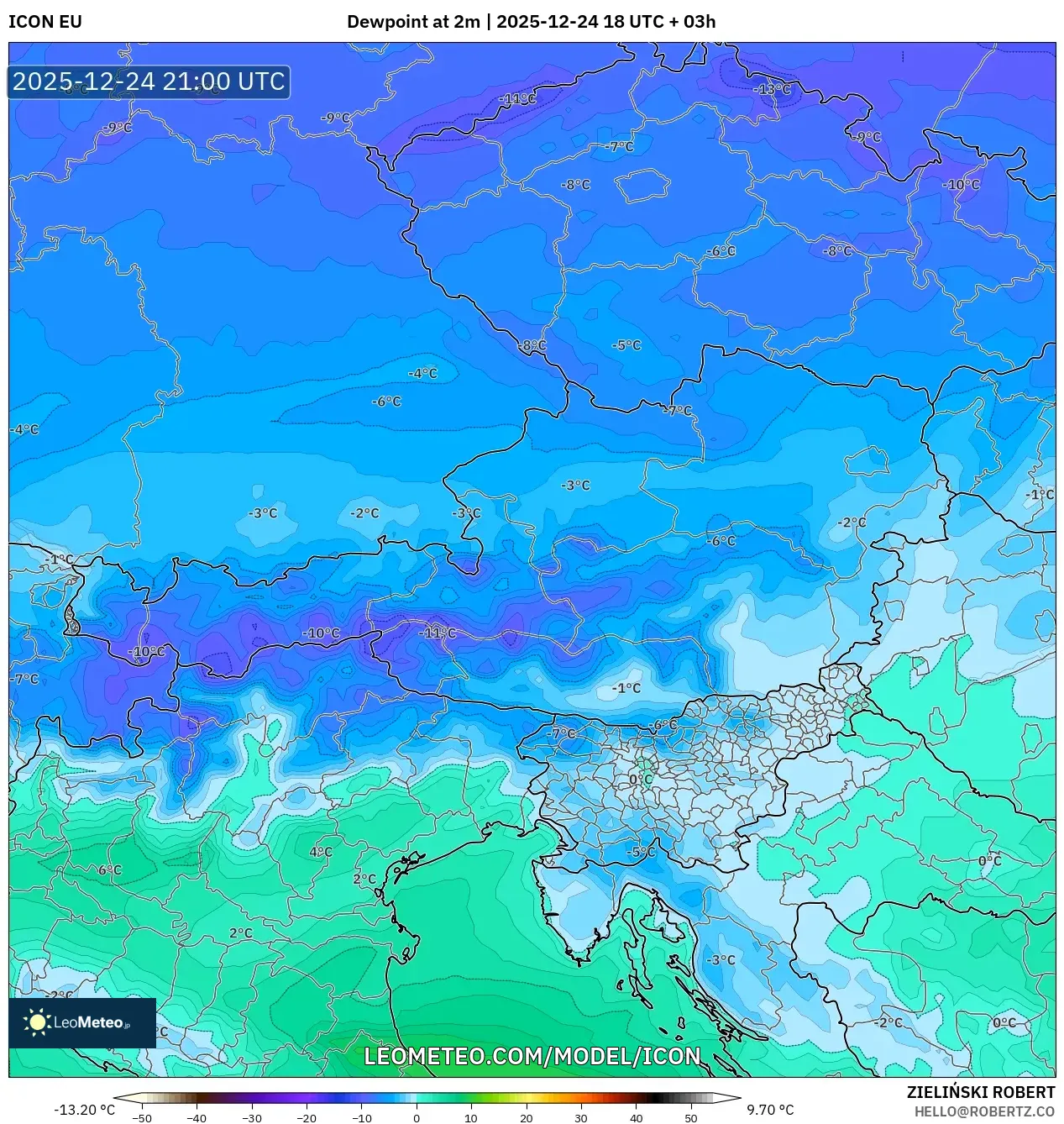 ICON model - Austria, Dewpoint at 2m
