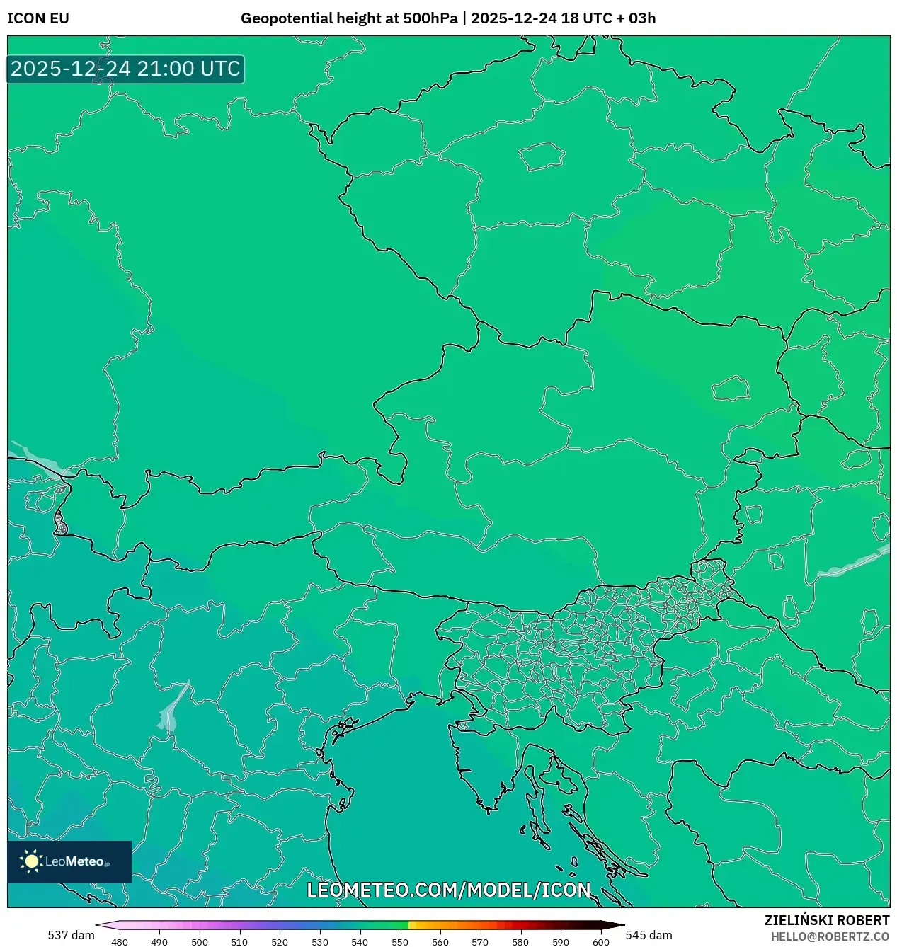 ICON model - Austria, Geopotential height at 500hPa