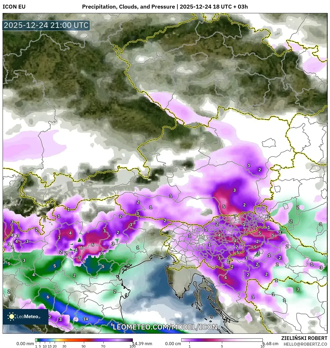ICON model - Austria, Precipitation, Clouds, and Pressure