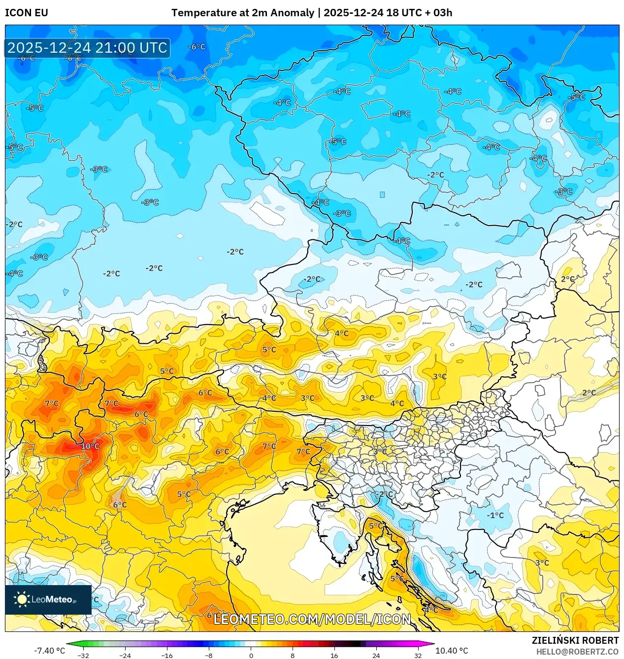 ICON model - Austria, Temperature at 2m Anomaly