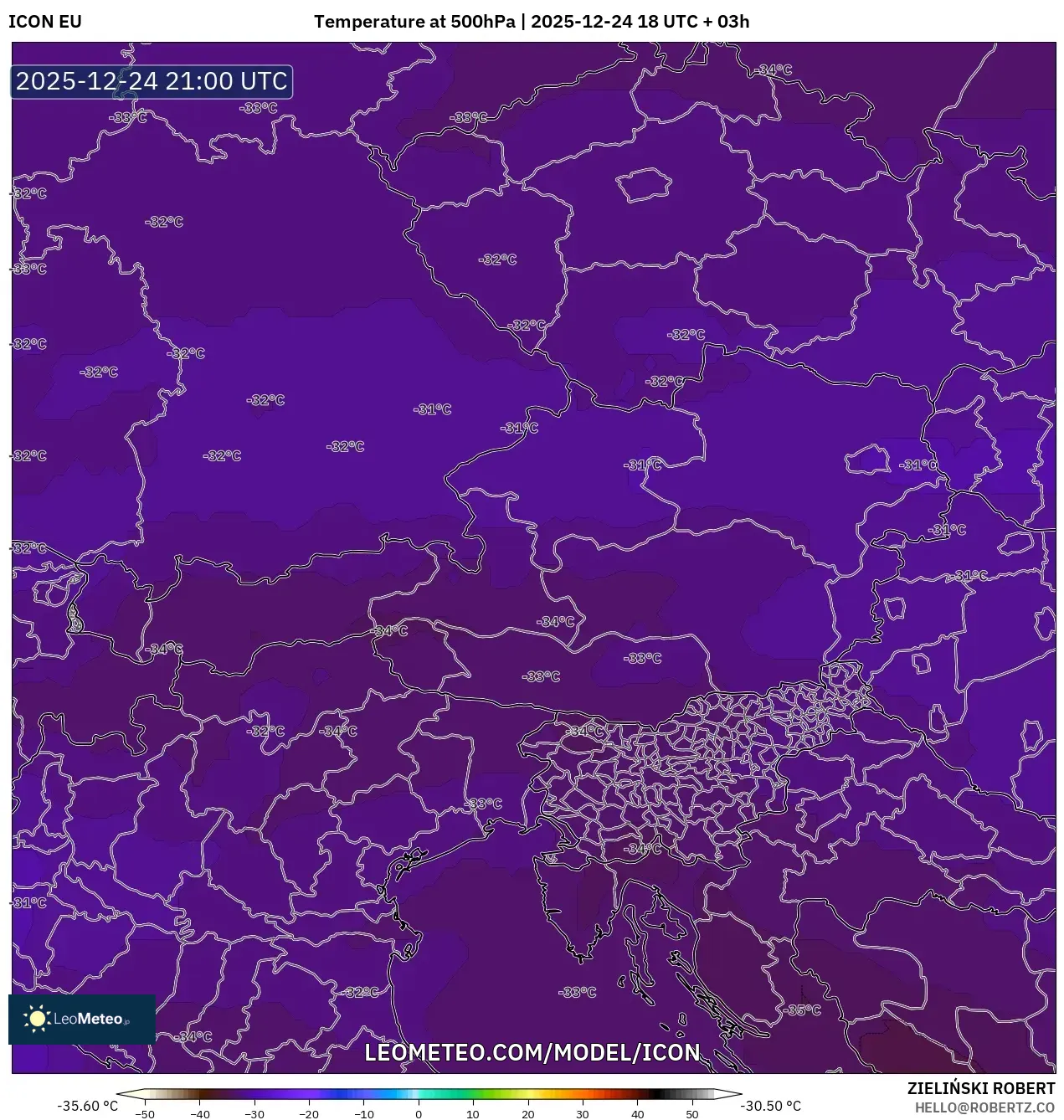 ICON model - Austria, Temperature at 500hPa