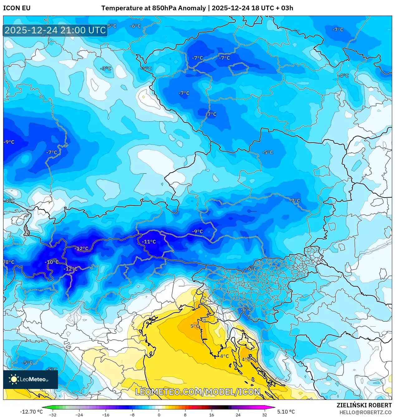ICON model - Austria, Temperature at 850hPa Anomaly