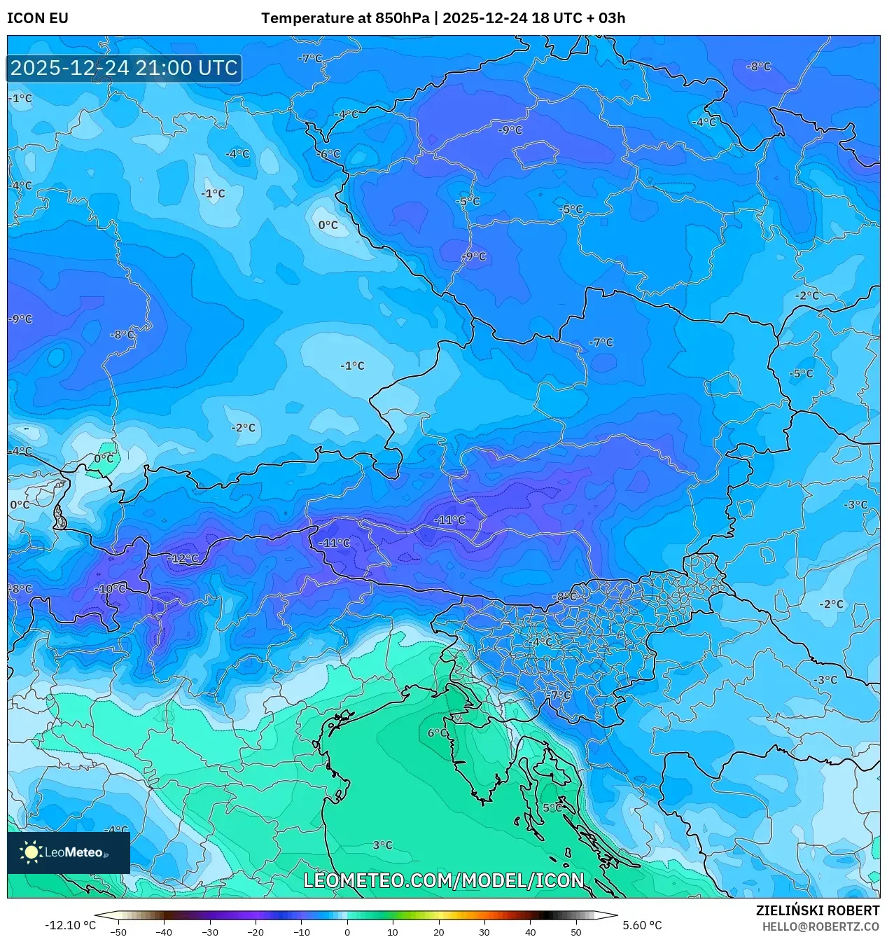 ICON model - Austria, Temperature at 850hPa
