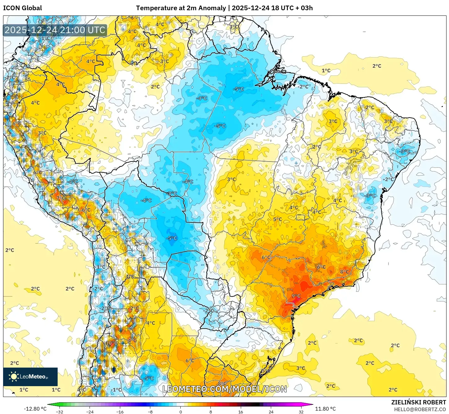 ICON model - Brazil, Temperature at 2m Anomaly