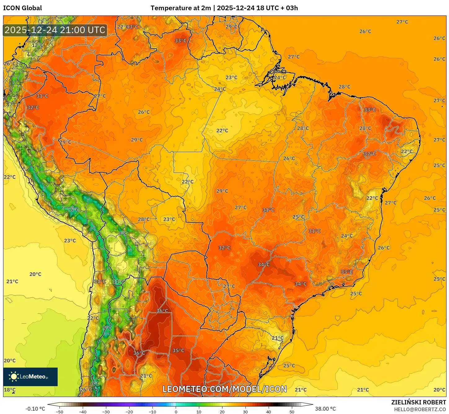 ICON model - Brazil, Temperature at 2m