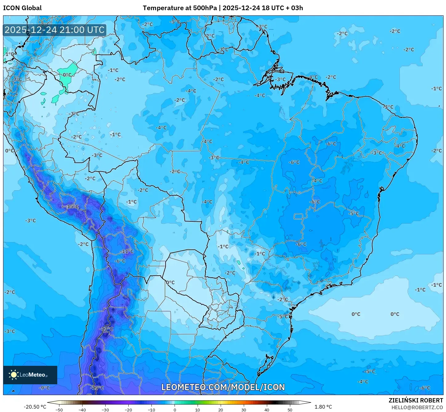ICON model - Brazil, Temperature at 500hPa