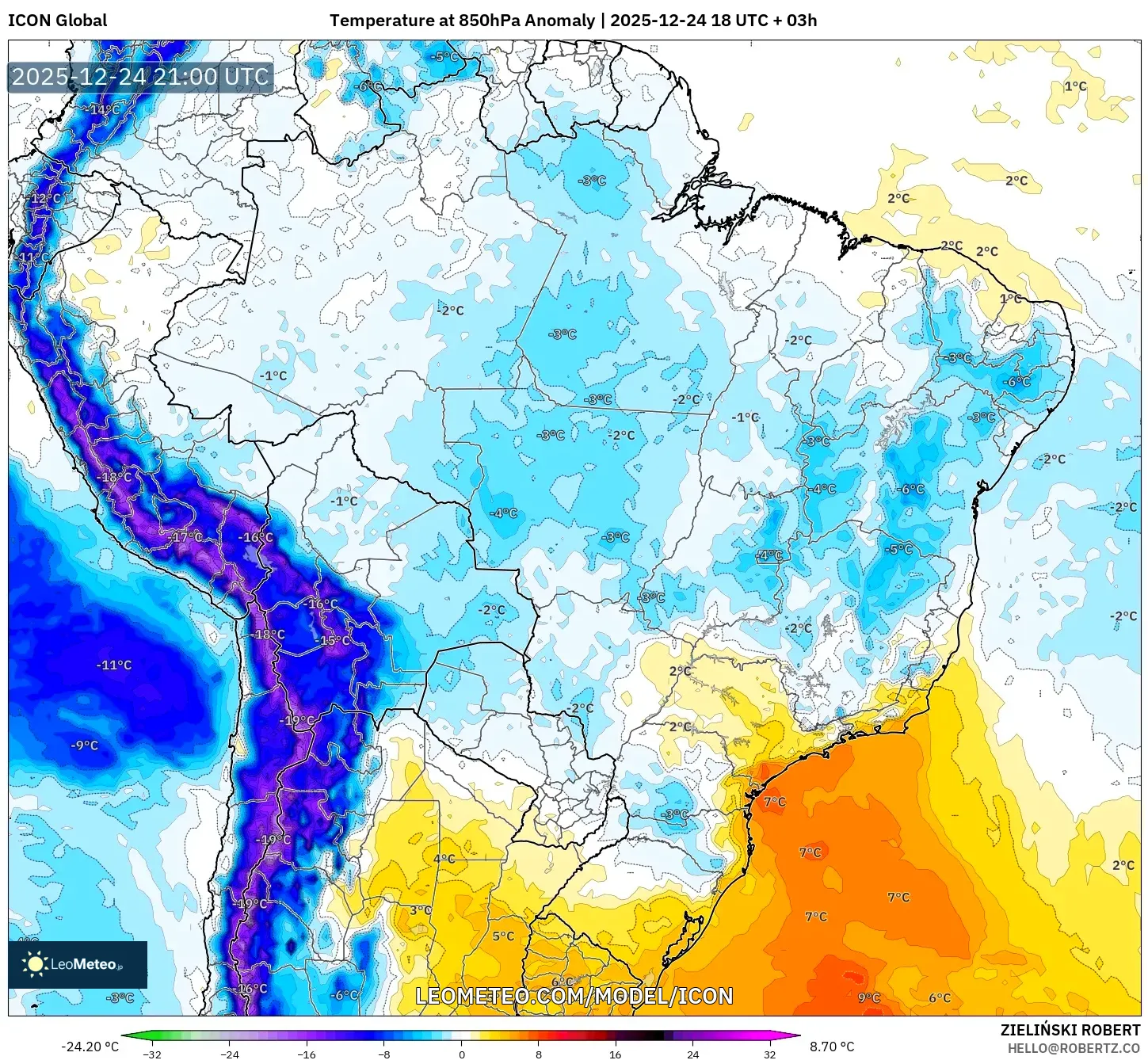 ICON model - Brazil, Temperature at 850hPa Anomaly