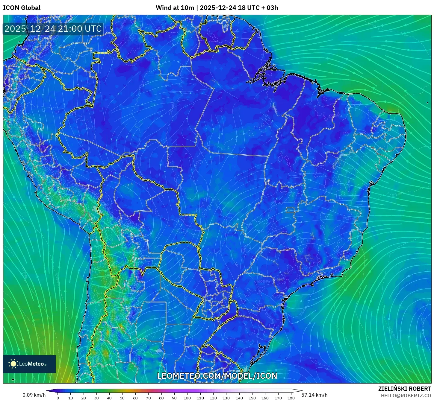 ICON model - Brazil, Wind at 10m