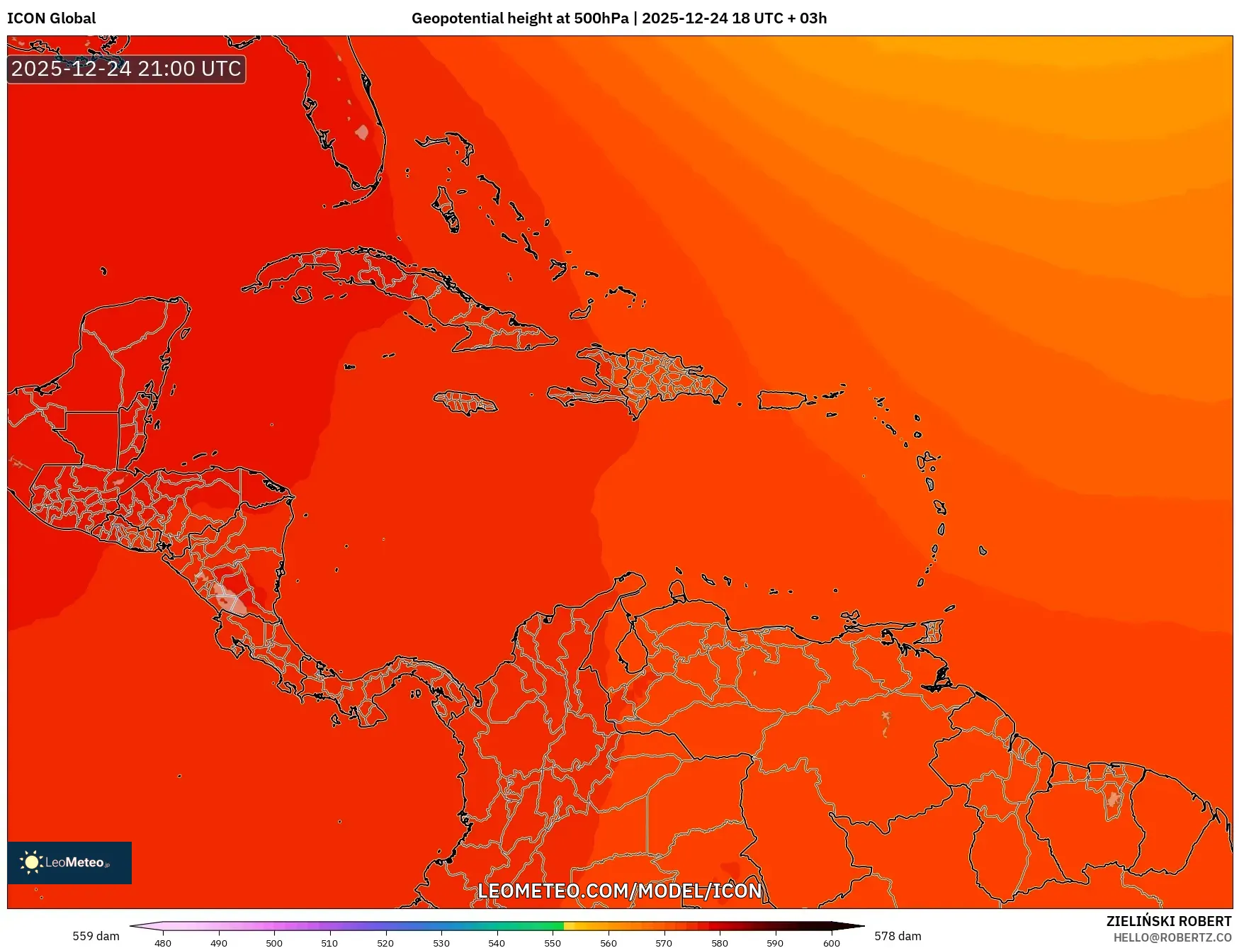 ICON model - Caribbean, Geopotential height at 500hPa