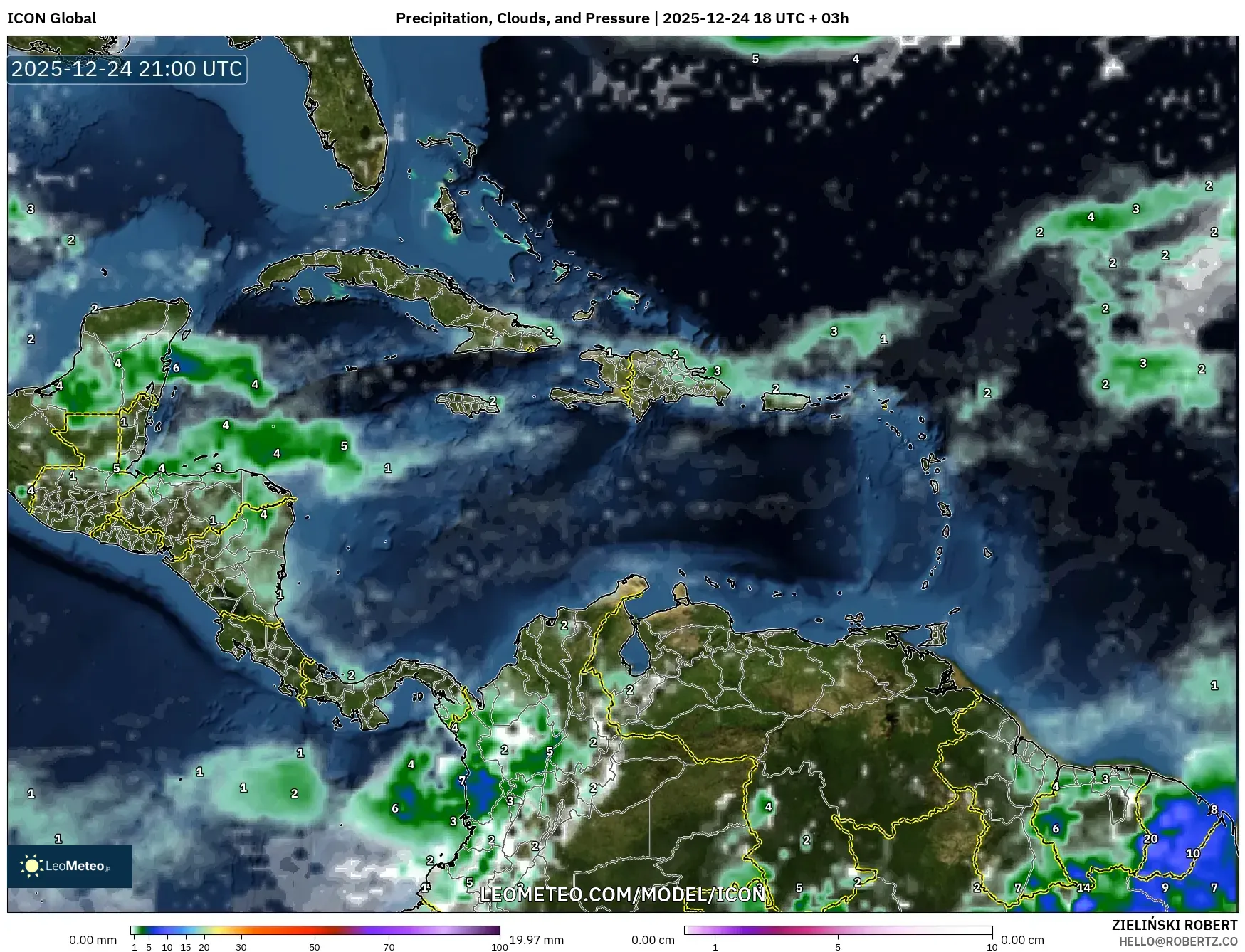 ICON model - Caribbean, Precipitation, Clouds, and Pressure