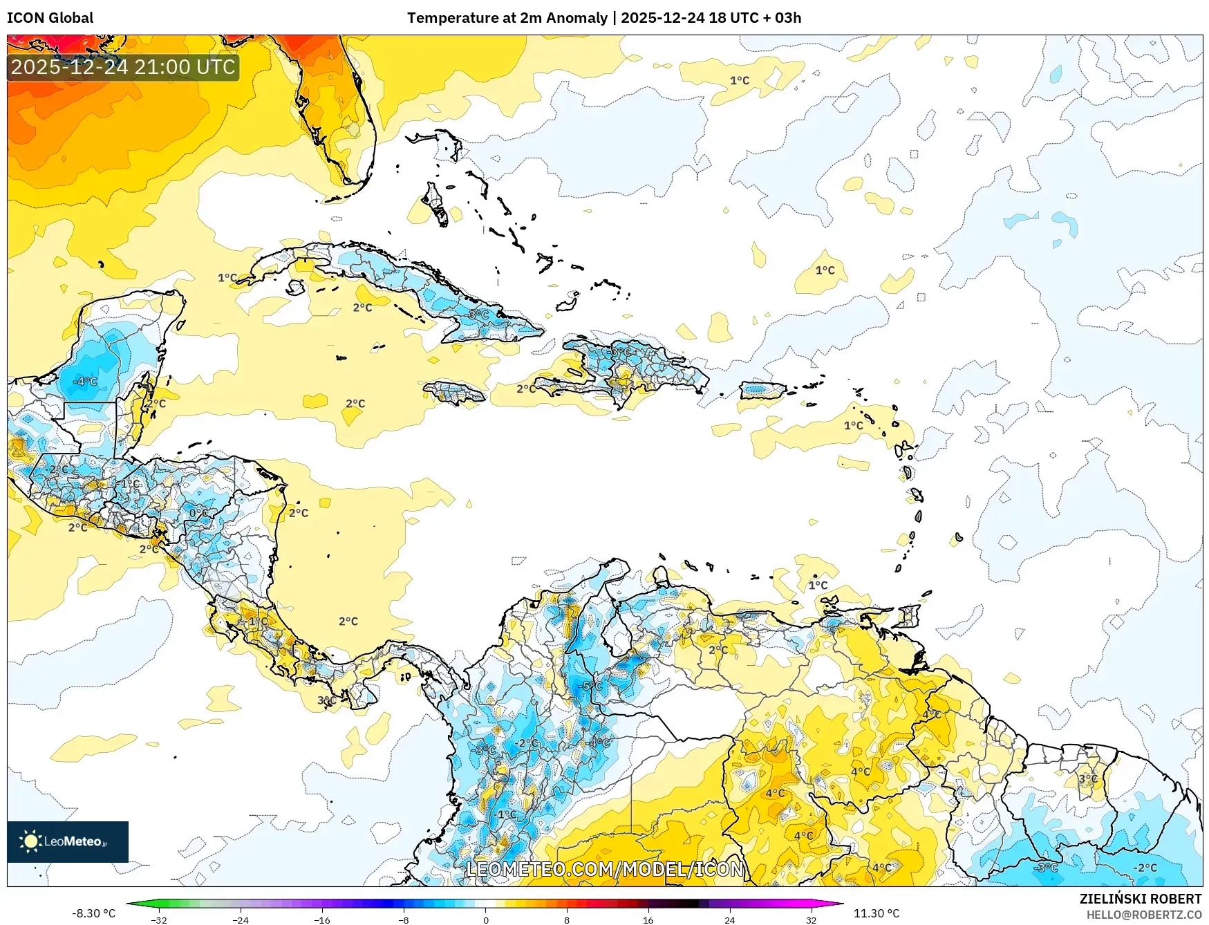 ICON model - Caribbean, Temperature at 2m Anomaly