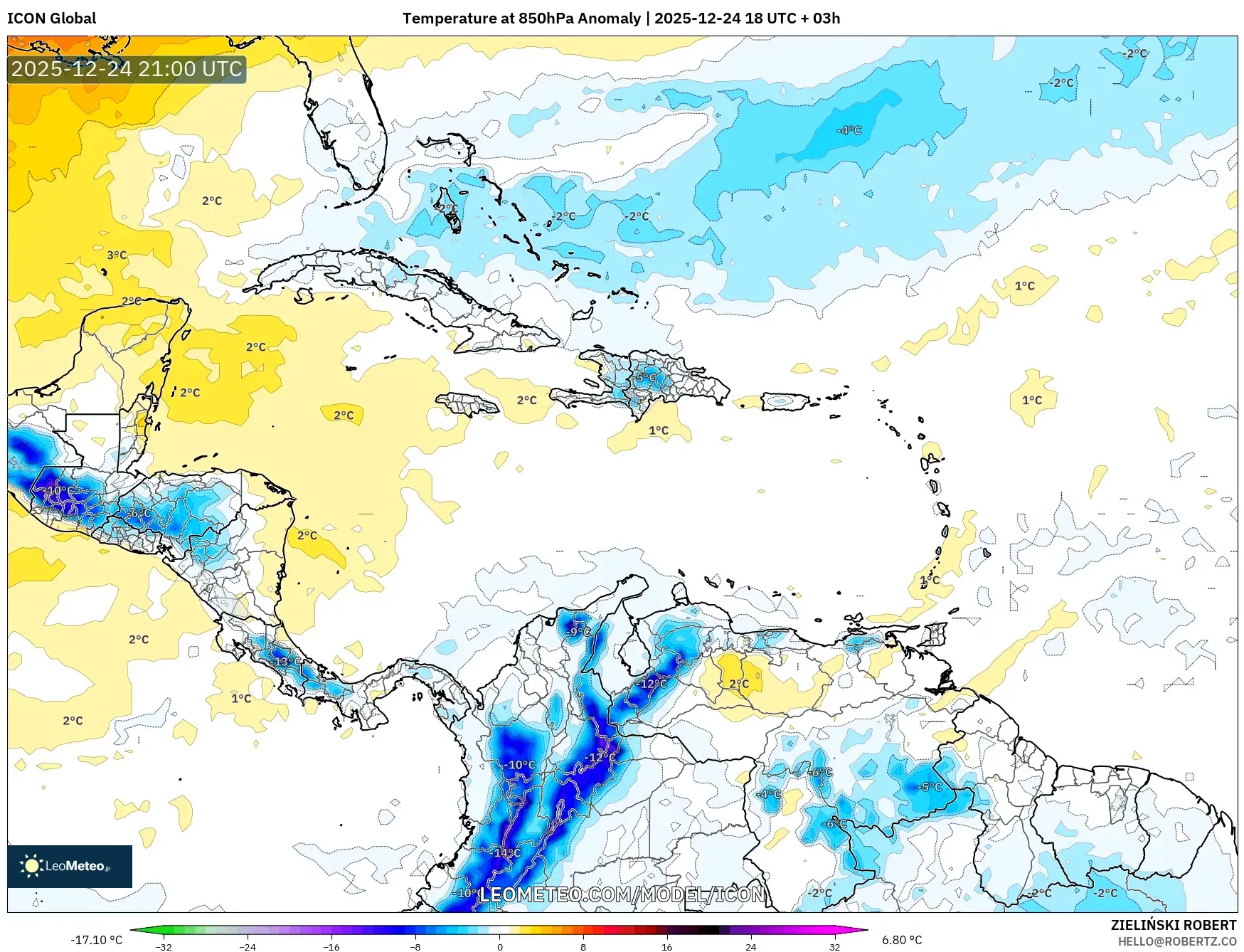 ICON model - Caribbean, Temperature at 850hPa Anomaly