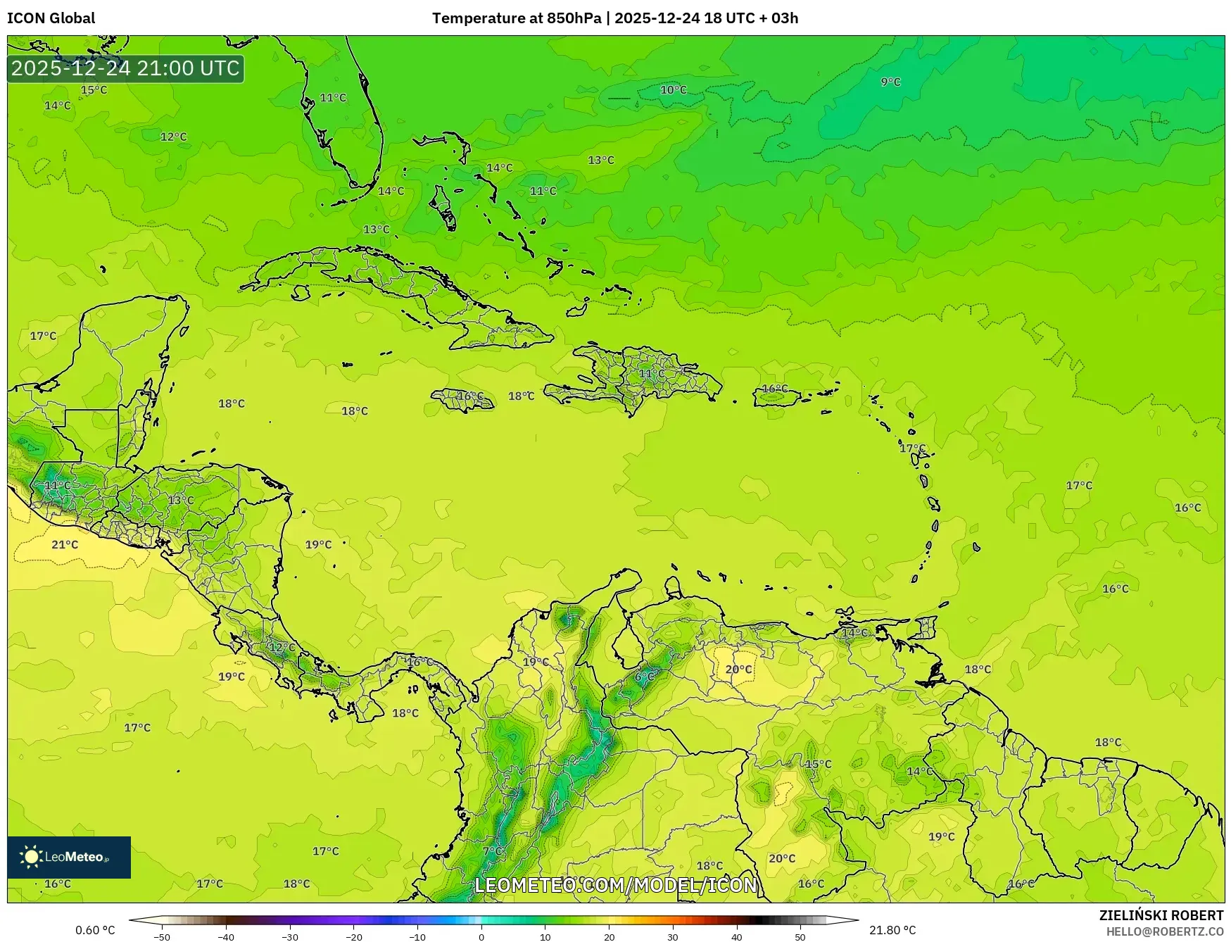 ICON model - Caribbean, Temperature at 850hPa