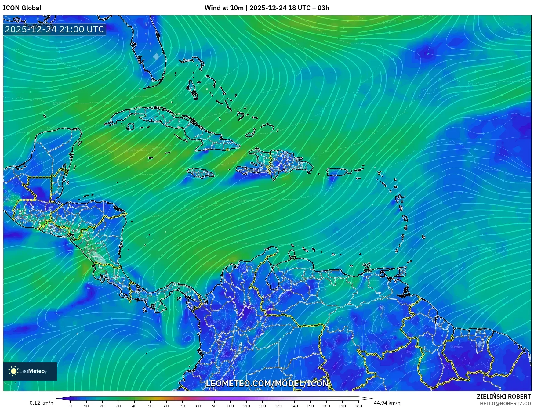 ICON model - Caribbean, Wind at 10m