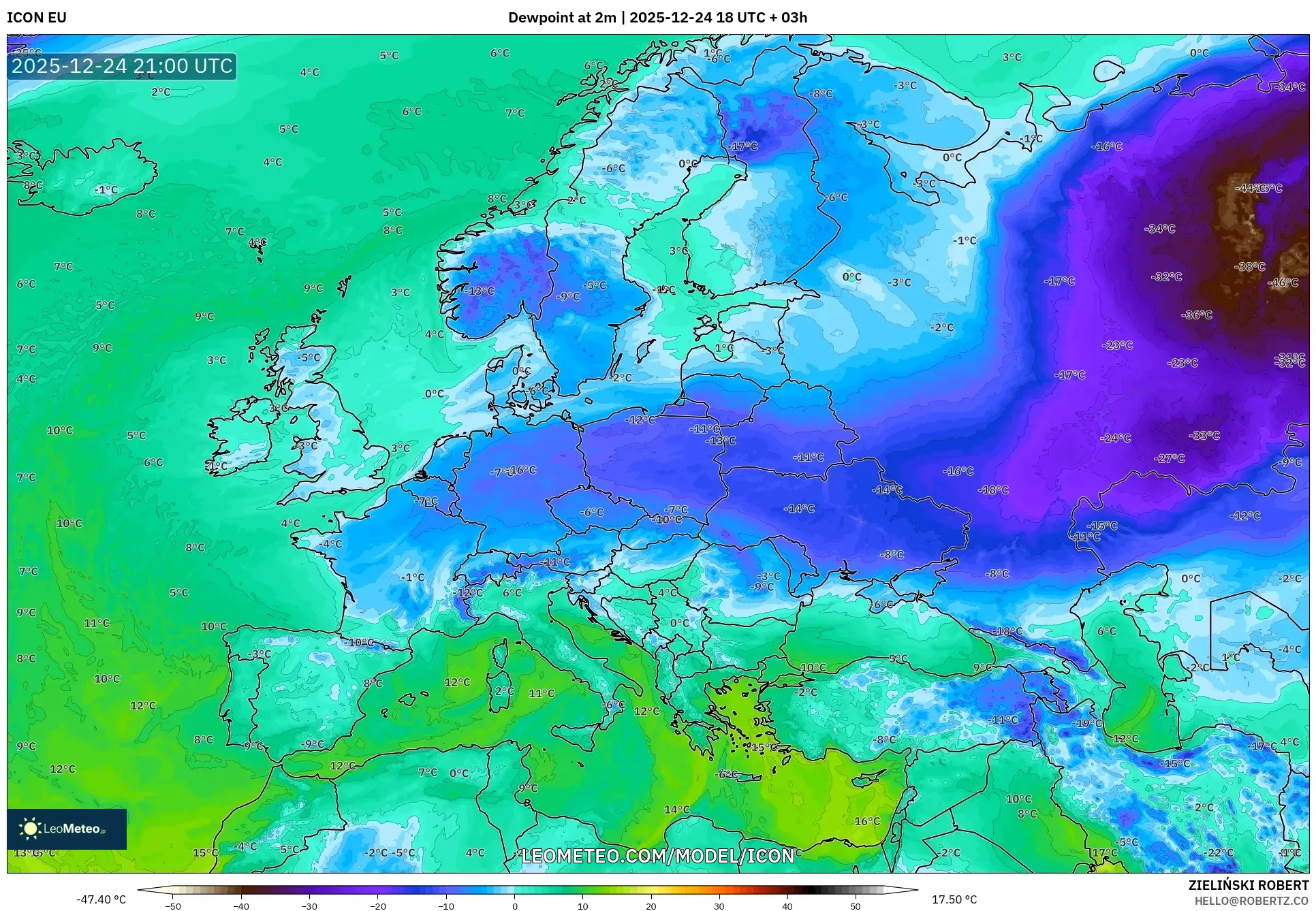 ICON model - Europe, Dewpoint at 2m