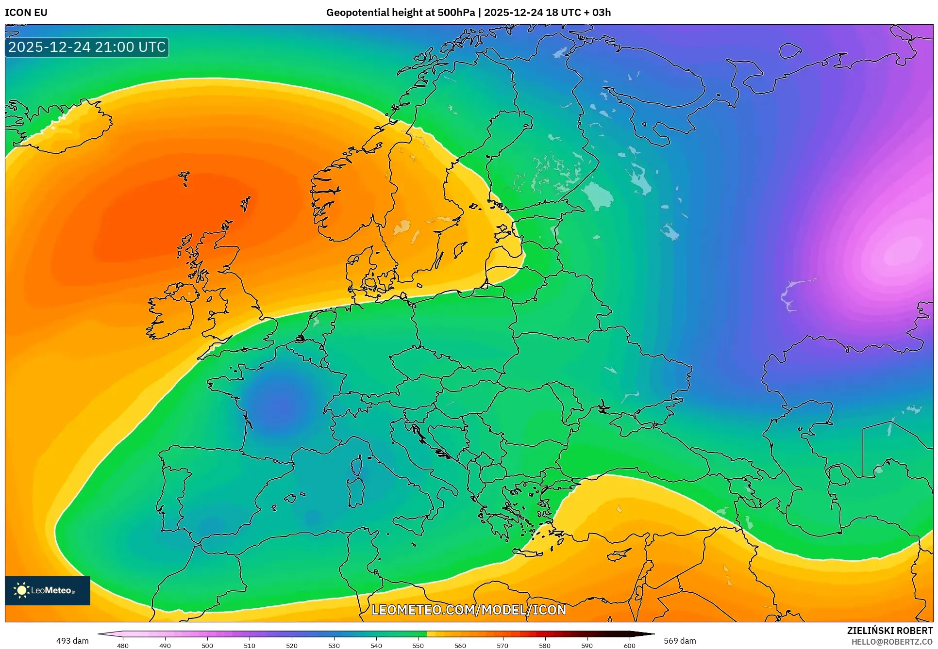 ICON model - Europe, Geopotential height at 500hPa
