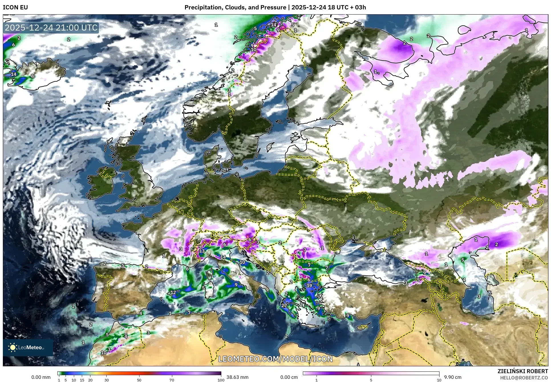 ICON model - Europe, Precipitation, Clouds, and Pressure