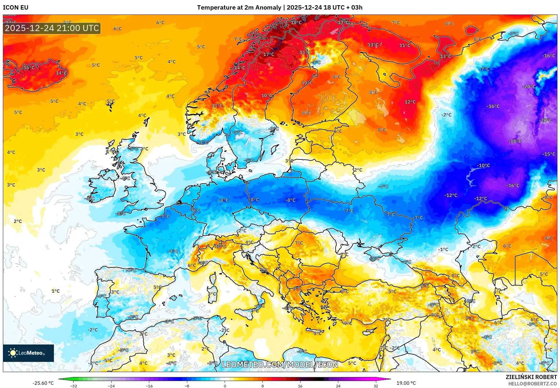 ICON model - Europe, Temperature at 2m Anomaly