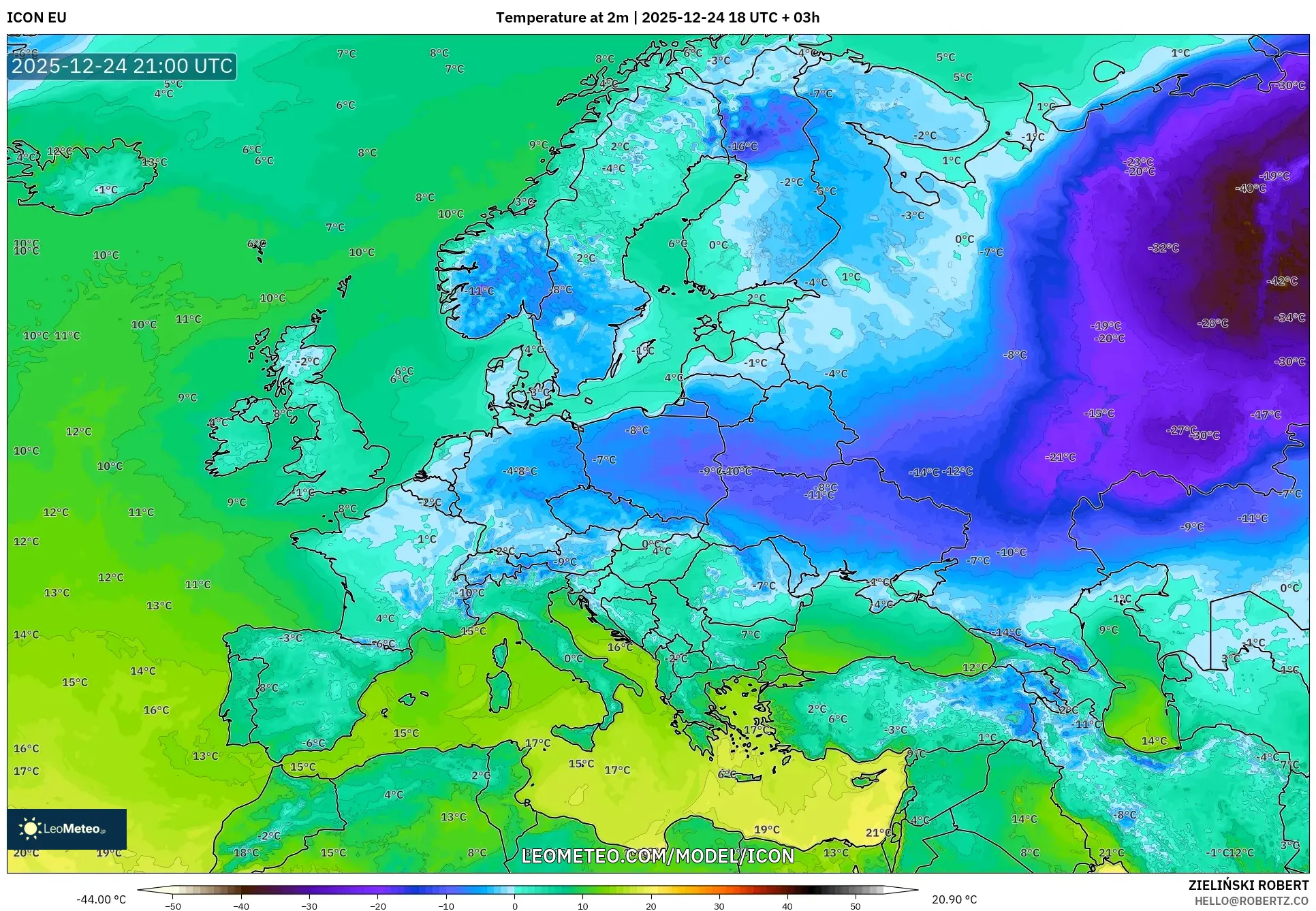ICON model - Europe, Temperature at 2m