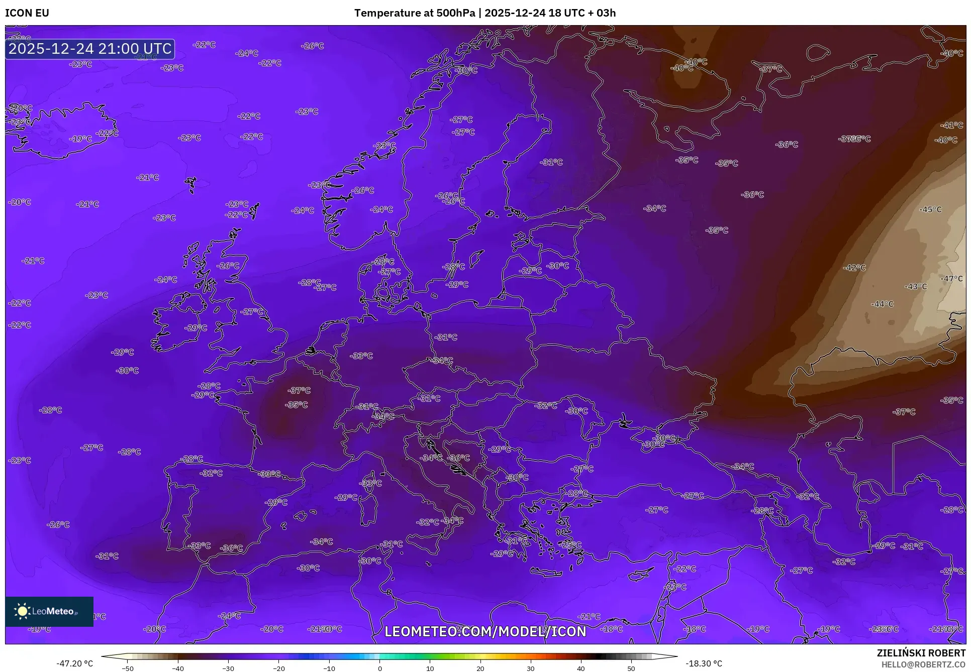 ICON model - Europe, Temperature at 500hPa