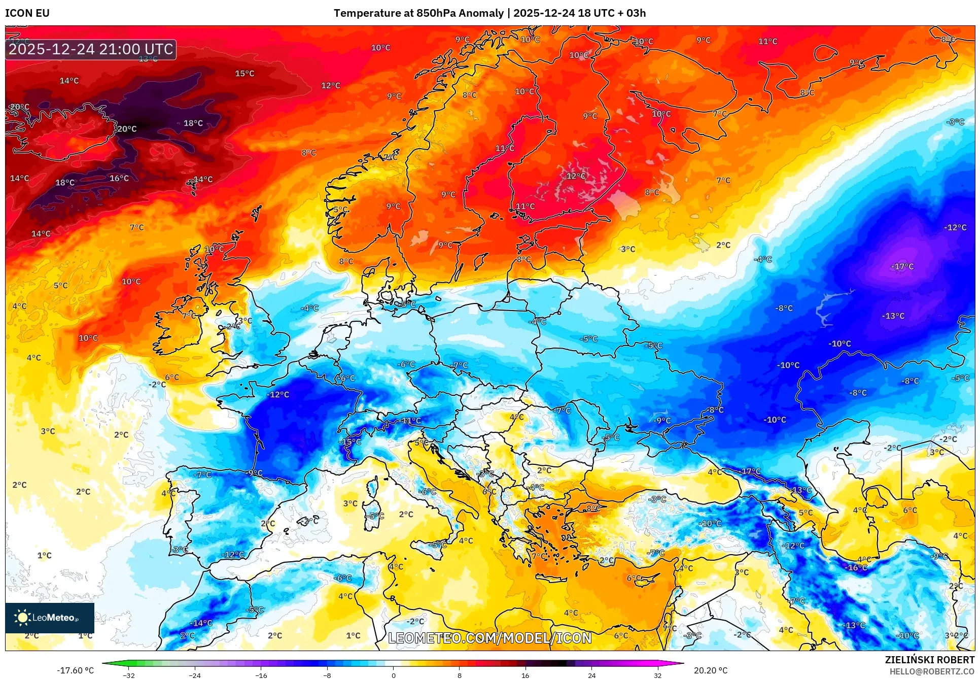 ICON model - Europe, Temperature at 850hPa Anomaly