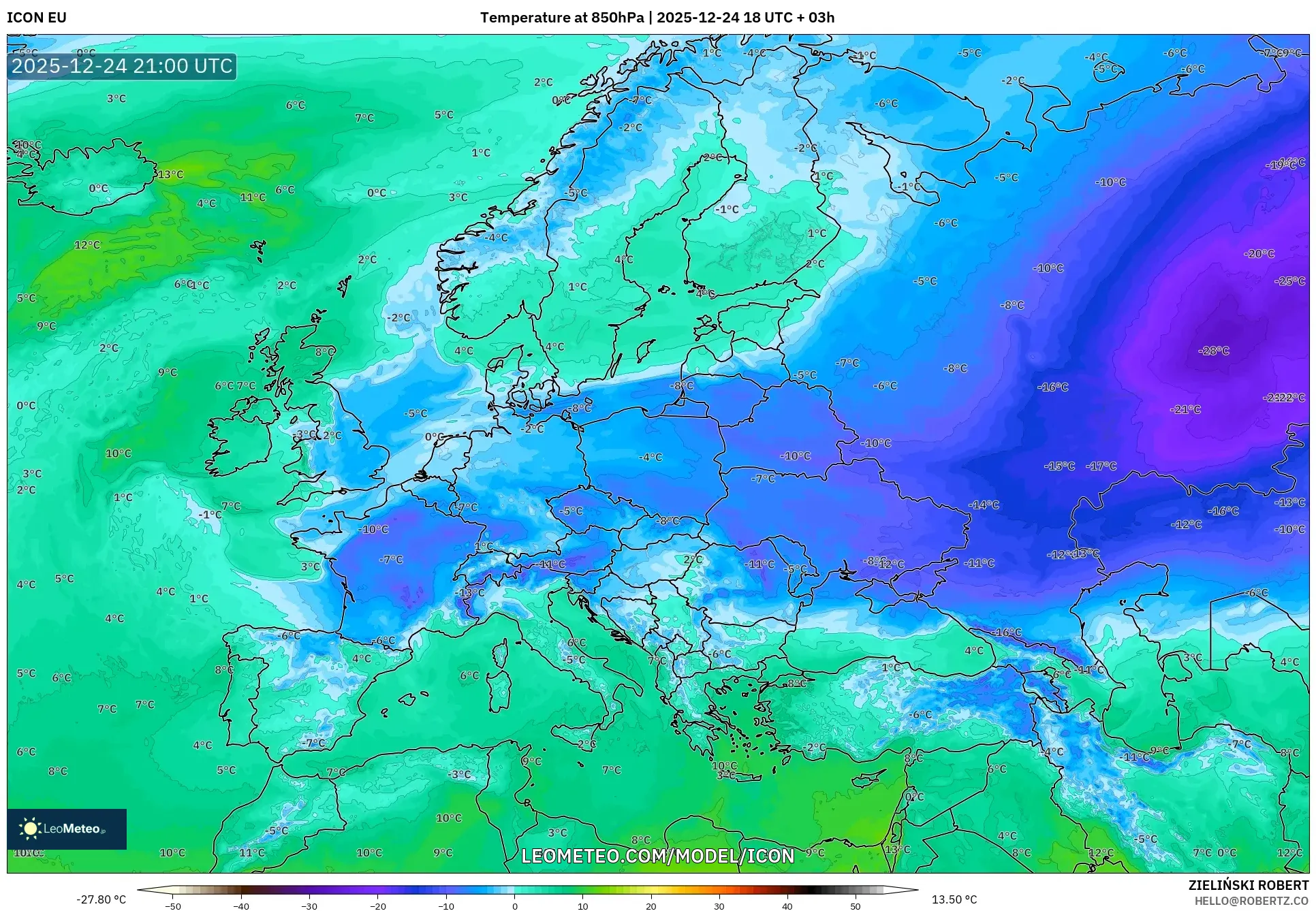 ICON model - Europe, Temperature at 850hPa