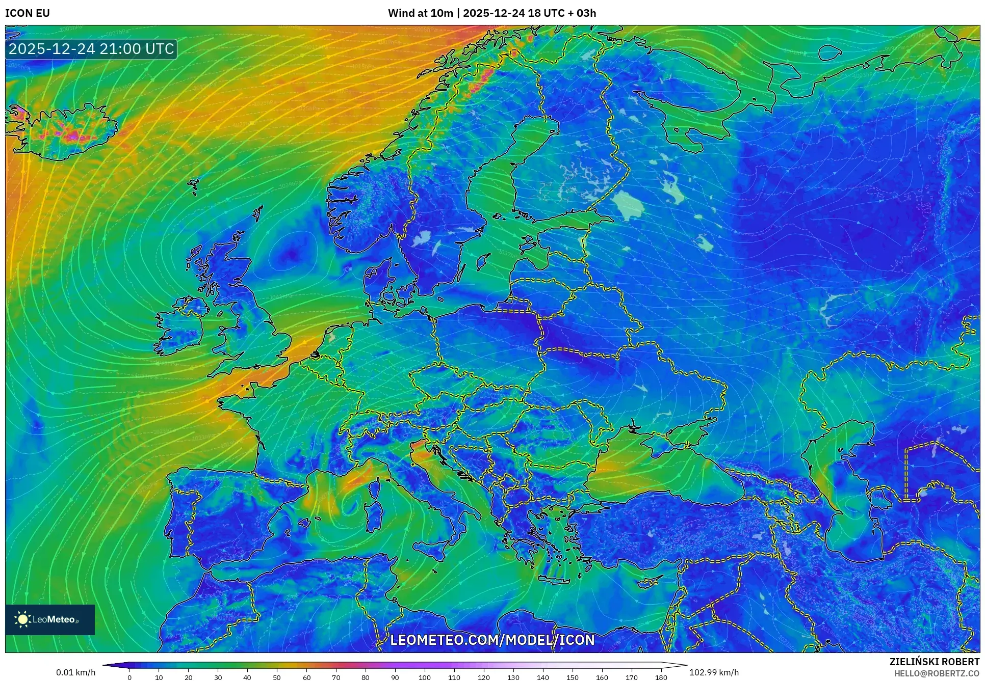 ICON model - Europe, Wind at 10m