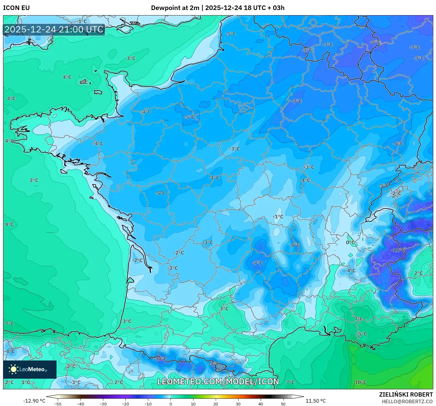 ICON model - France, Dewpoint at 2m