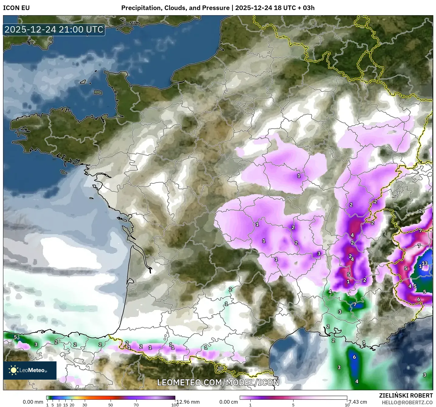 ICON model - France, Precipitation, Clouds, and Pressure