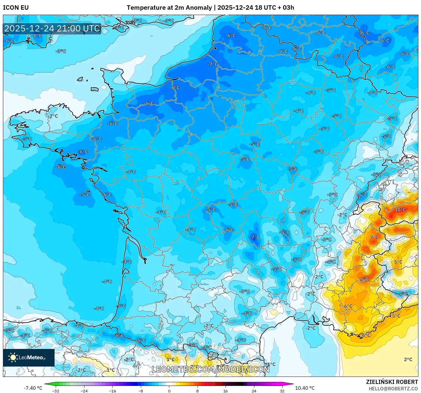 ICON model - France, Temperature at 2m Anomaly