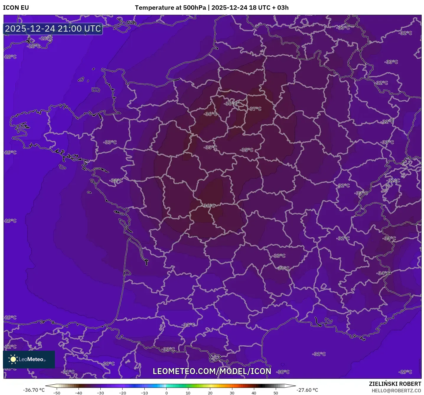 ICON model - France, Temperature at 500hPa