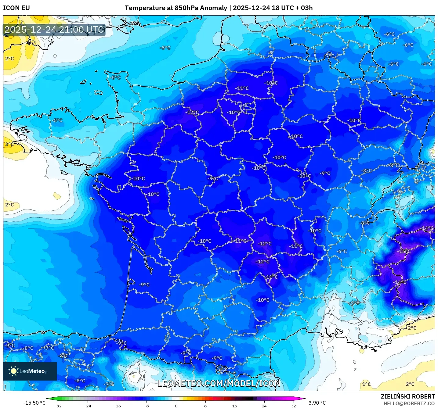 ICON model - France, Temperature at 850hPa Anomaly