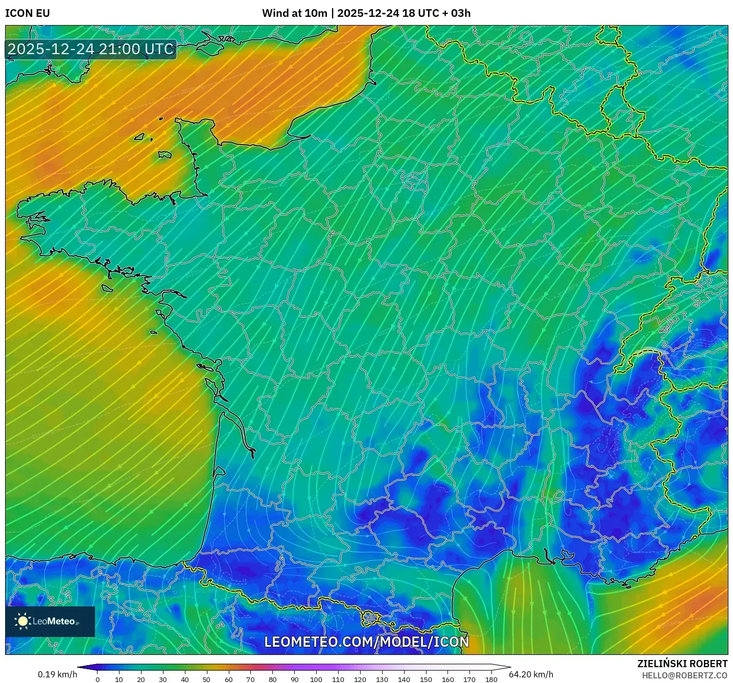 ICON model - France, Wind at 10m
