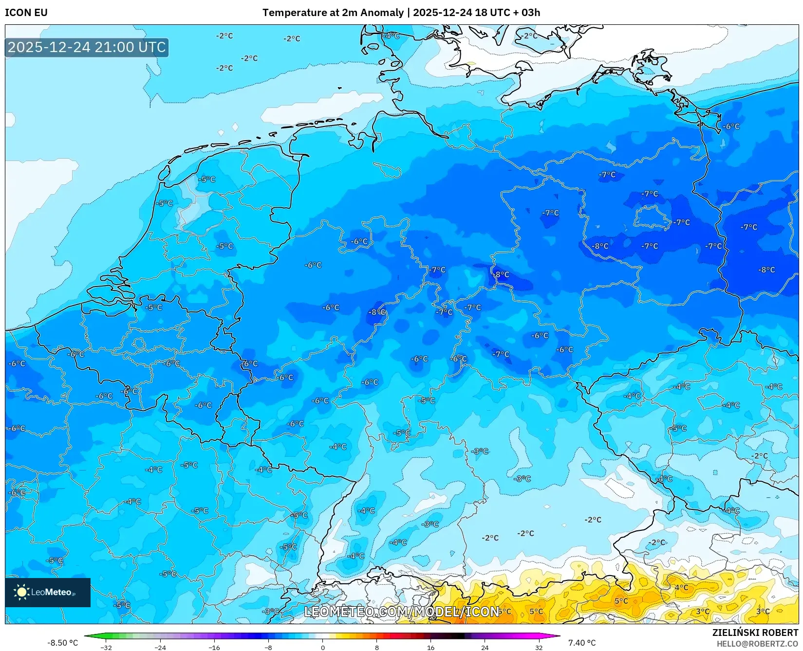 ICON model - Germany, Temperature at 2m Anomaly