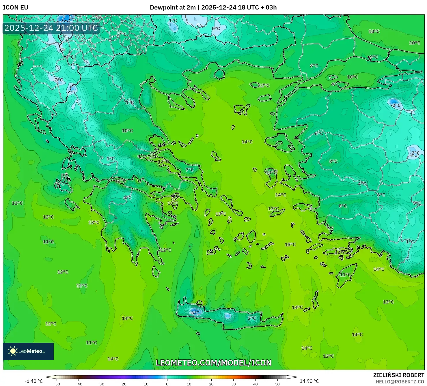 ICON model - Greece, Dewpoint at 2m