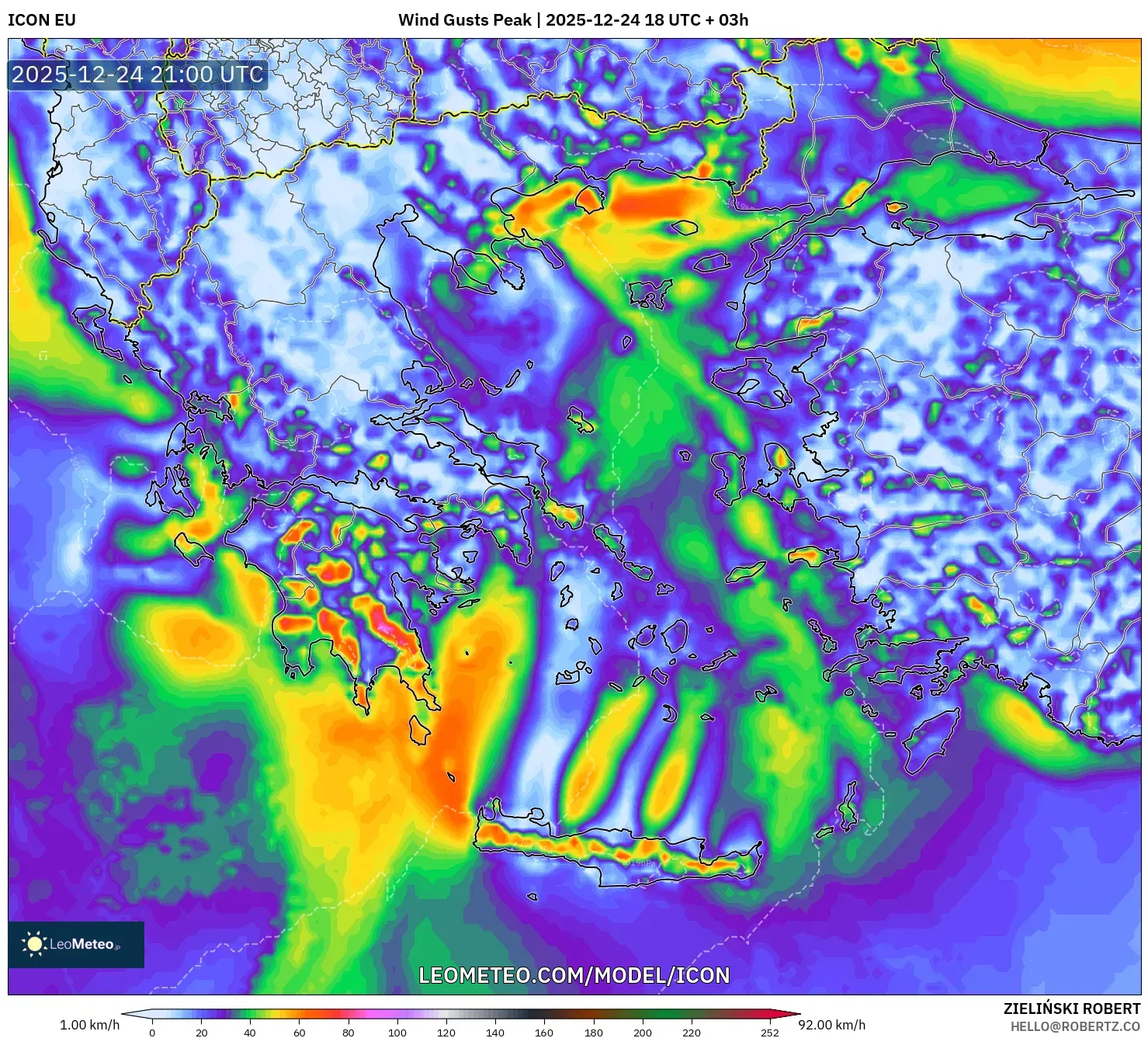 ICON model - Greece, Wind Gusts Peak