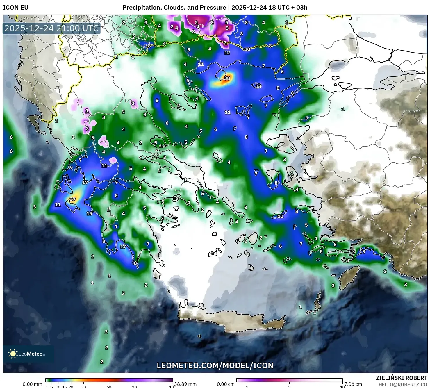 ICON model - Greece, Precipitation, Clouds, and Pressure